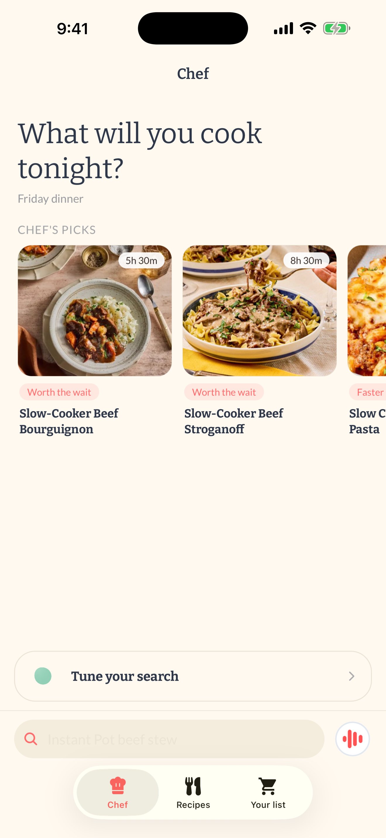 Chef, Semana's AI cooking assistant, with the dial composer building a search sentence