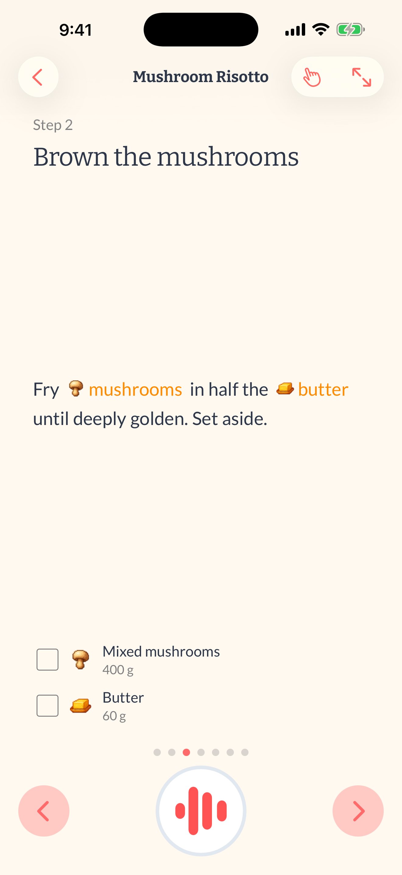 Semana cooking mode with step-by-step instructions