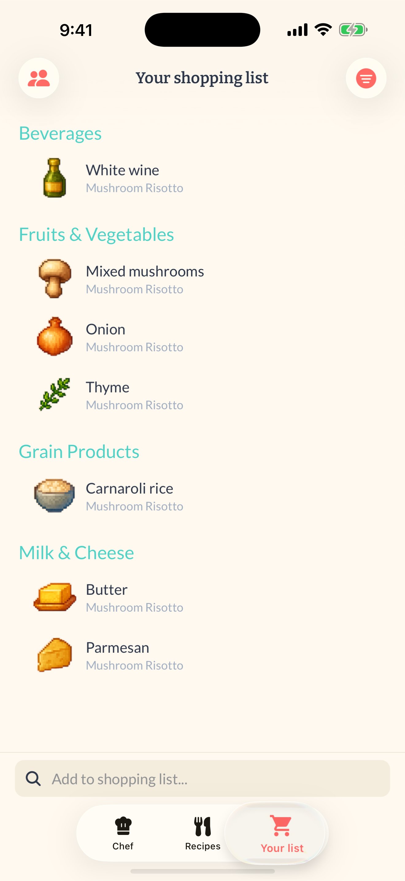 Semana shopping list grouped by aisle